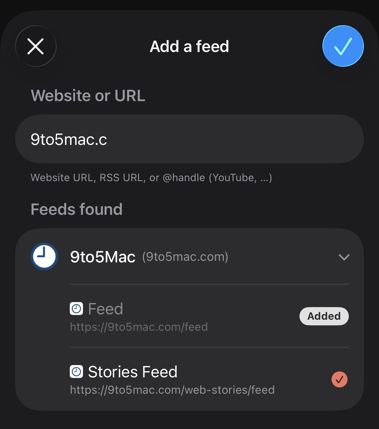 Adding a feed by website — Feedler discovers the RSS feed