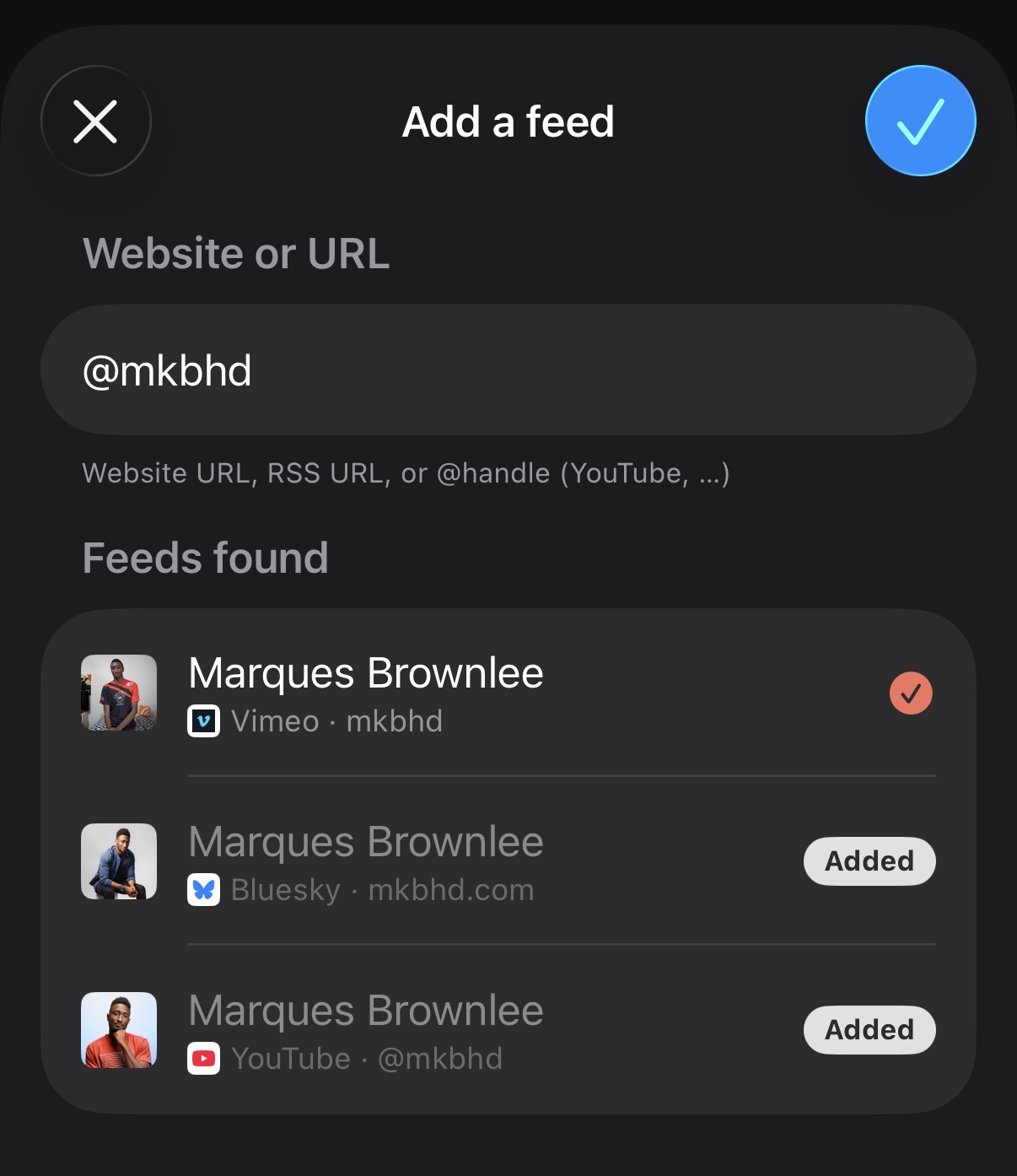 Adding a feed by @handle — find a creator across platforms
