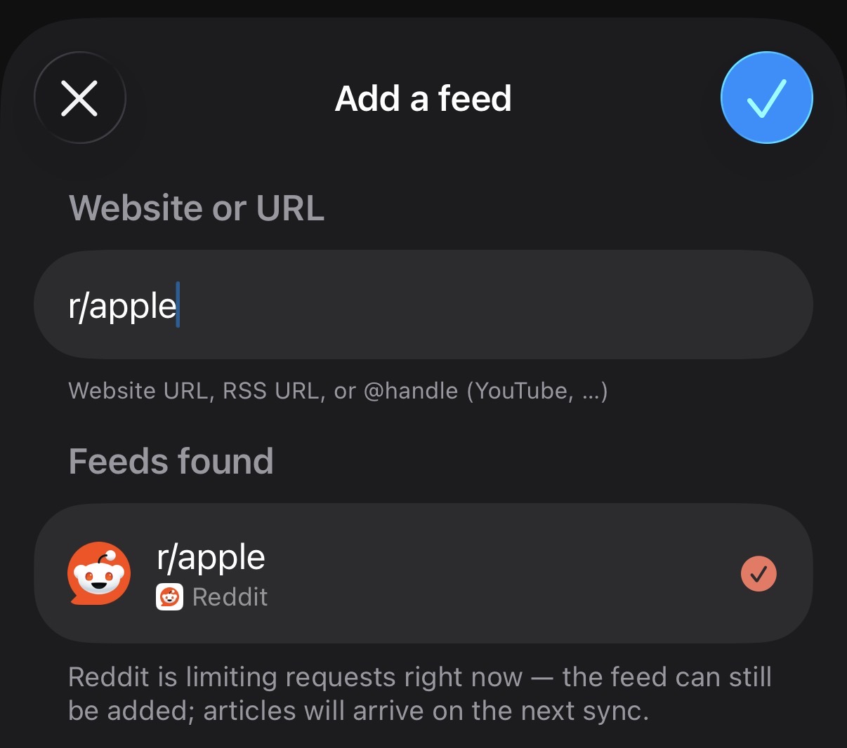 Adding a subreddit — typing r/apple resolves the community's feed