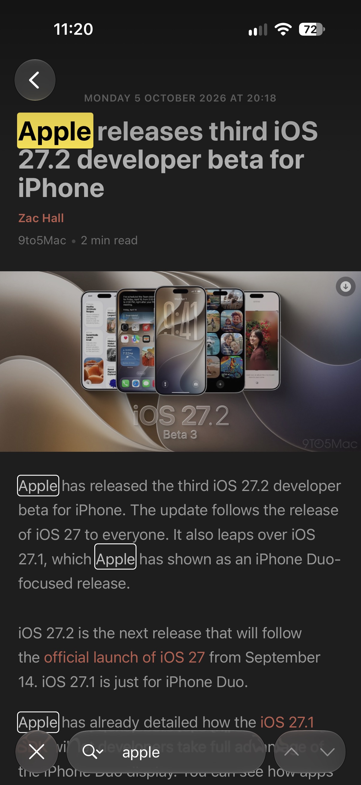An article in Feedler with the search bar open and every occurrence of the word apple highlighted