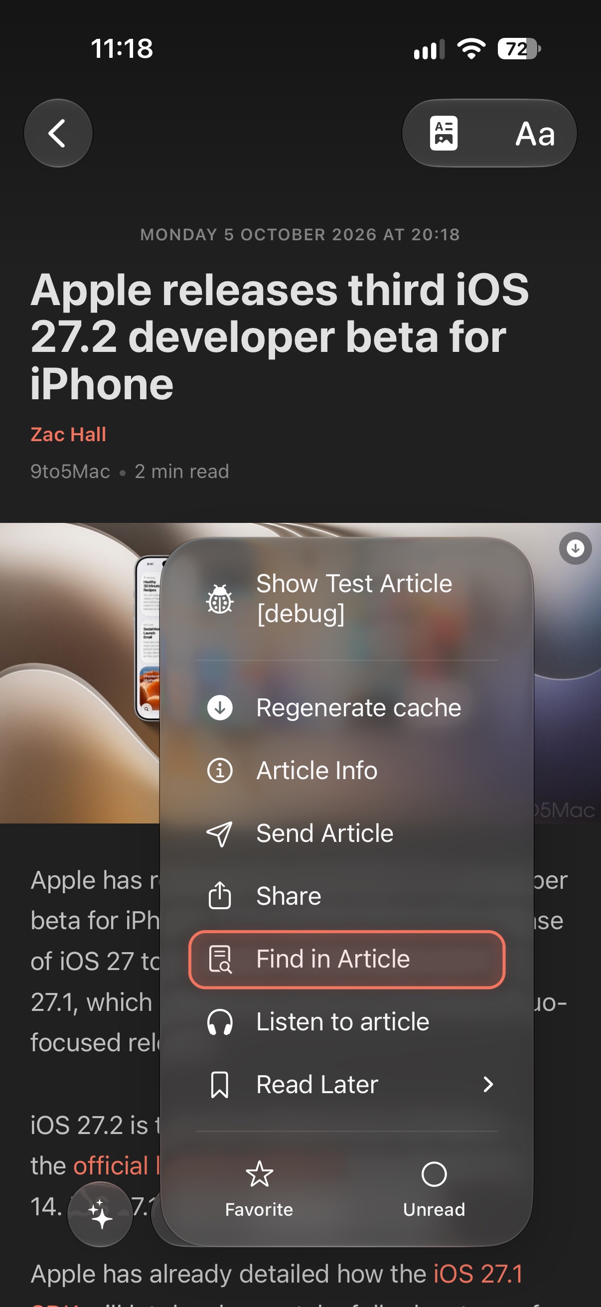 An article's menu in Feedler with the Find in Article entry circled