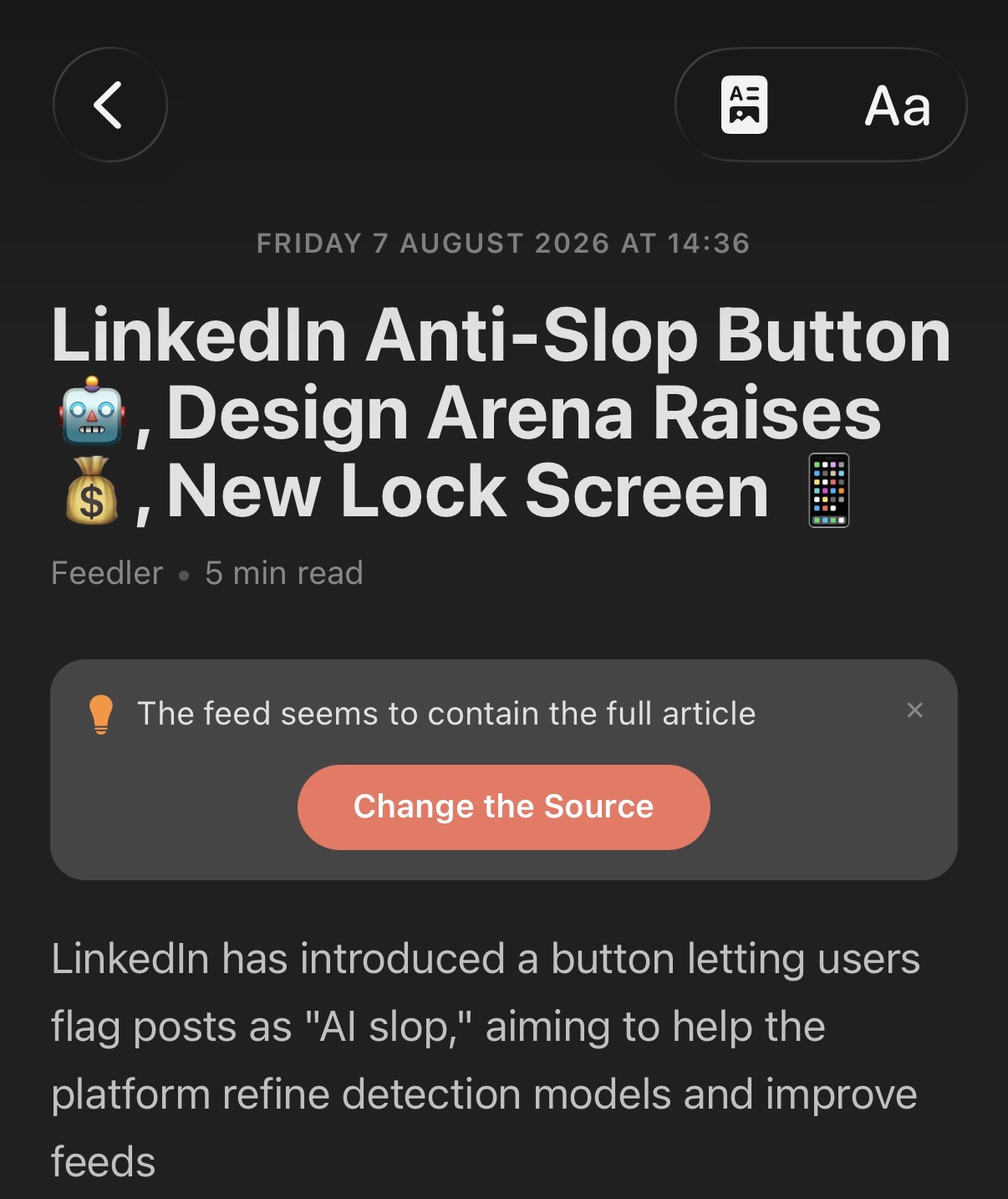 Feedler suggesting the Feed Content source right in the article