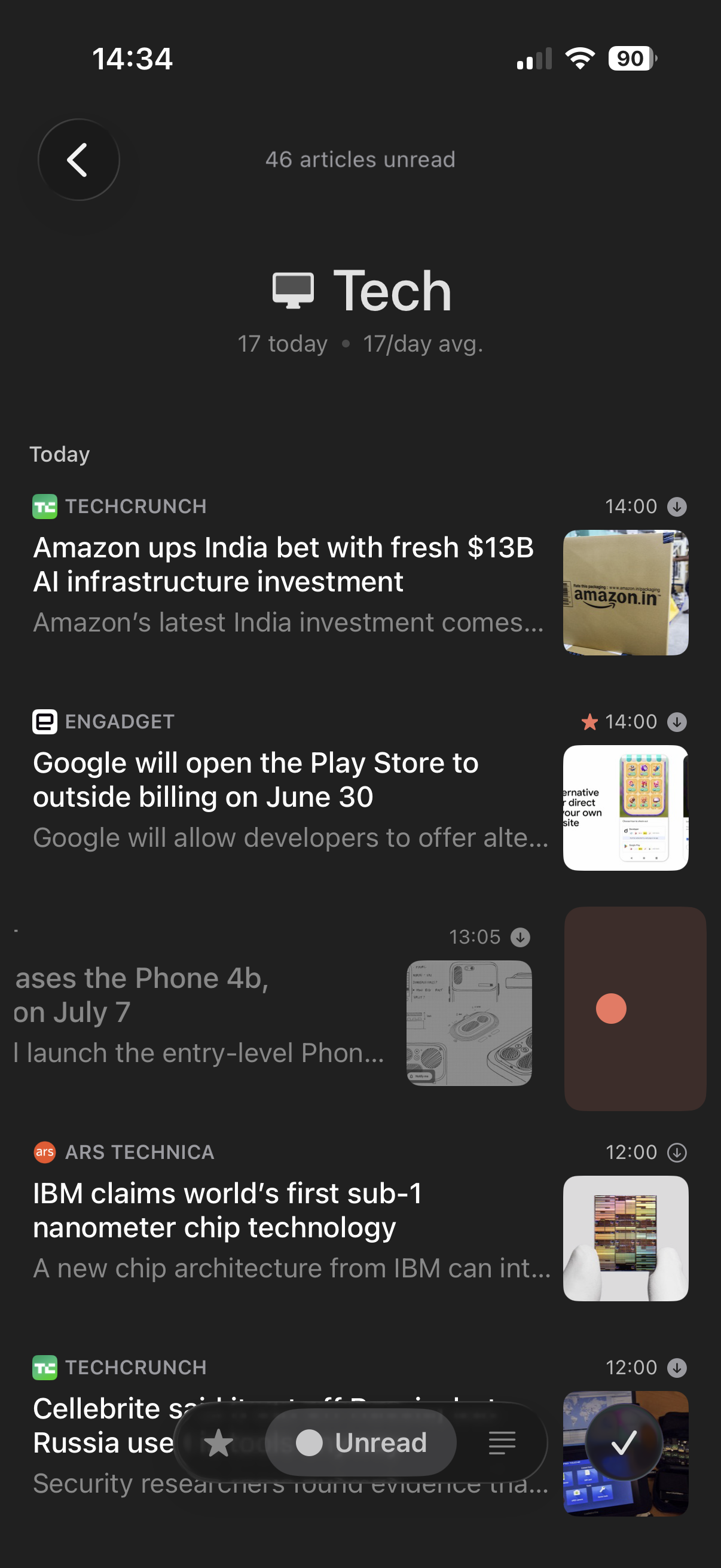 A Feedler article list: headlines, summaries and thumbnails