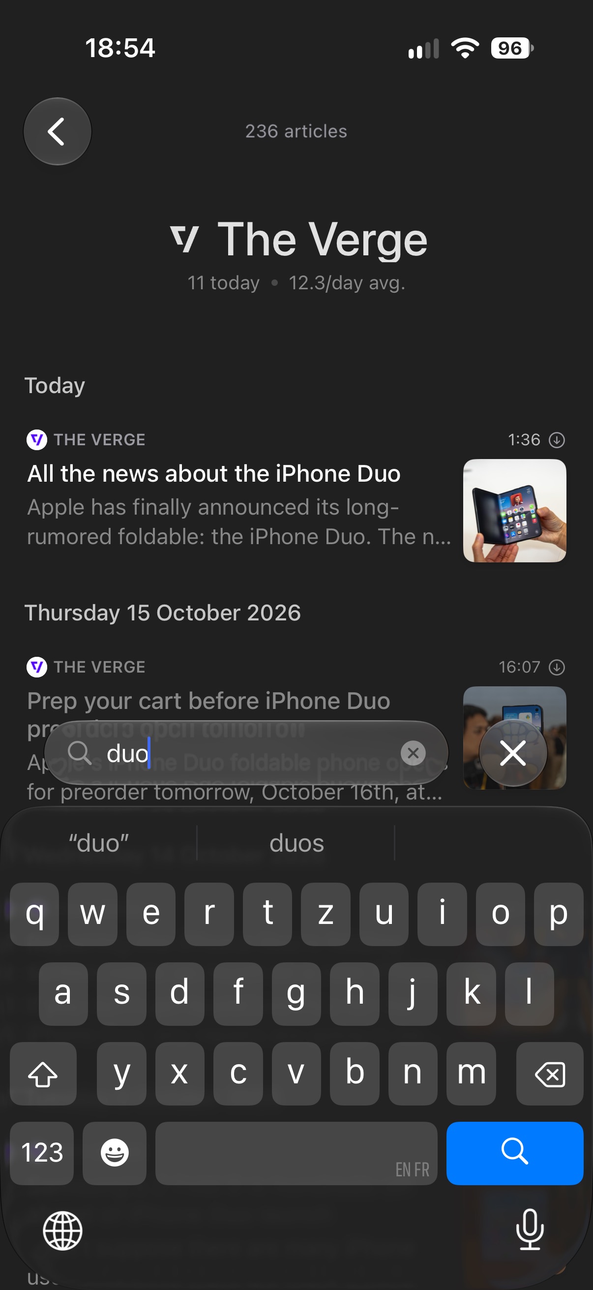 An article list in Feedler filtered by a search for the word duo, with the search field open above the keyboard