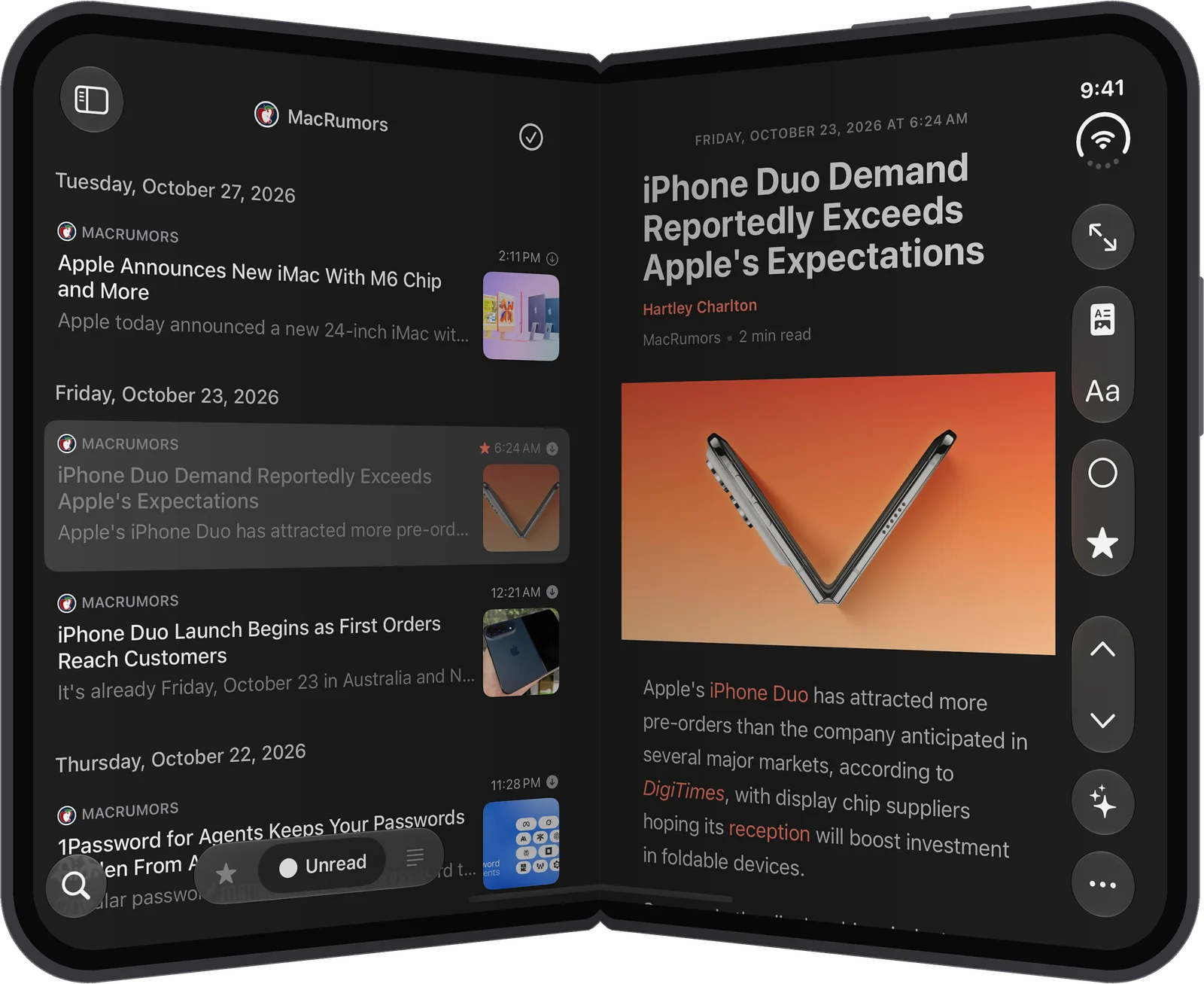 An iPhone Duo half open like a book, the MacRumors article list on the left half and an article on the right half