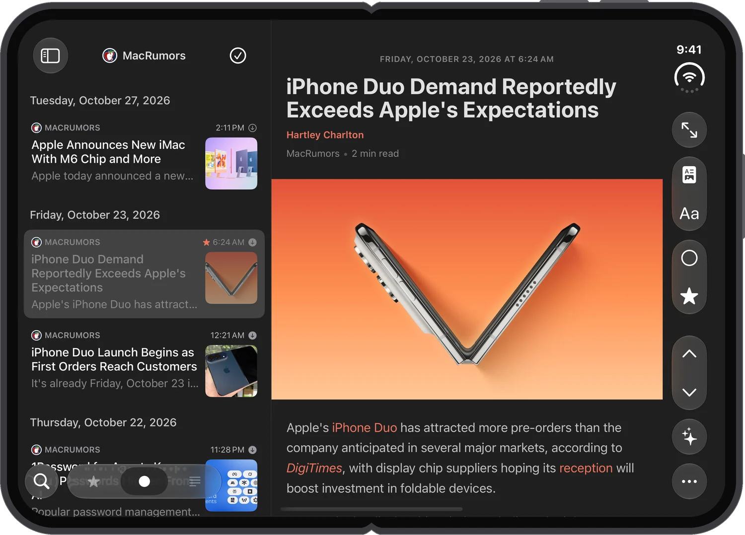 The unfolded iPhone Duo in landscape, the list made narrower and a wider article running across the fold