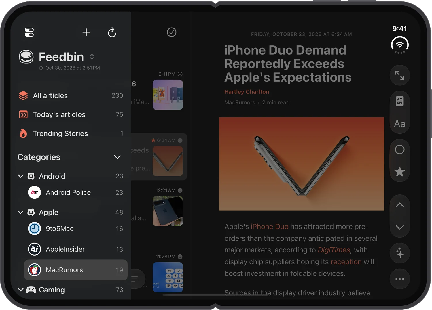 The unfolded iPhone Duo in landscape, the sidebar open over the list and the article