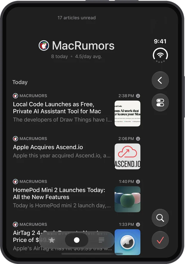 An article list on the folded iPhone Duo, Search and Mark all as read at the bottom of the side toolbar