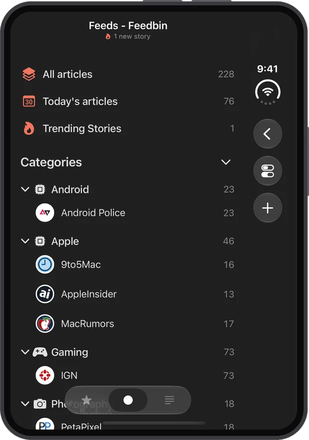 The feeds list on the folded iPhone Duo, the back button, Settings and the + in the side toolbar