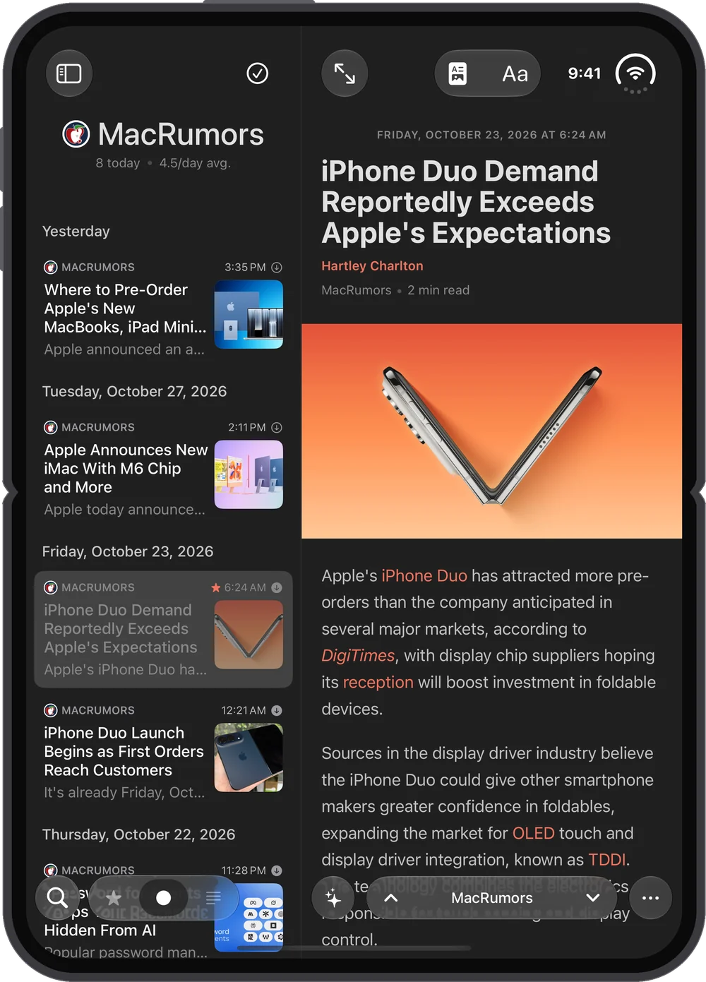 The unfolded iPhone Duo in portrait, the article list next to an open article