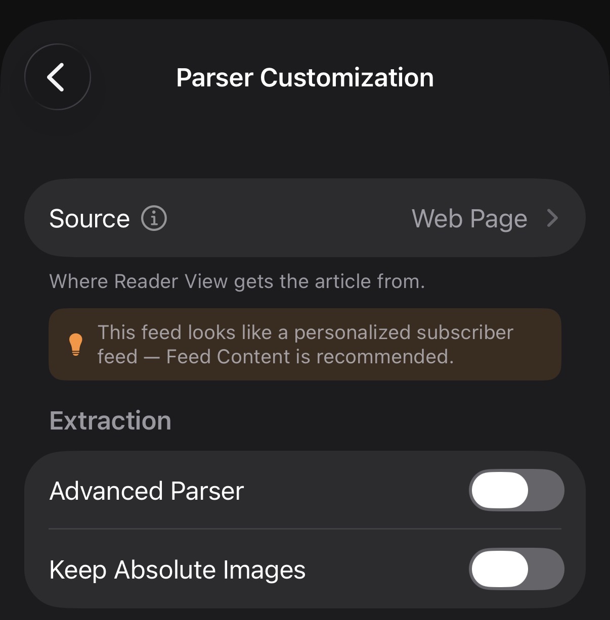 The per-feed Source setting — Web Page or Feed Content