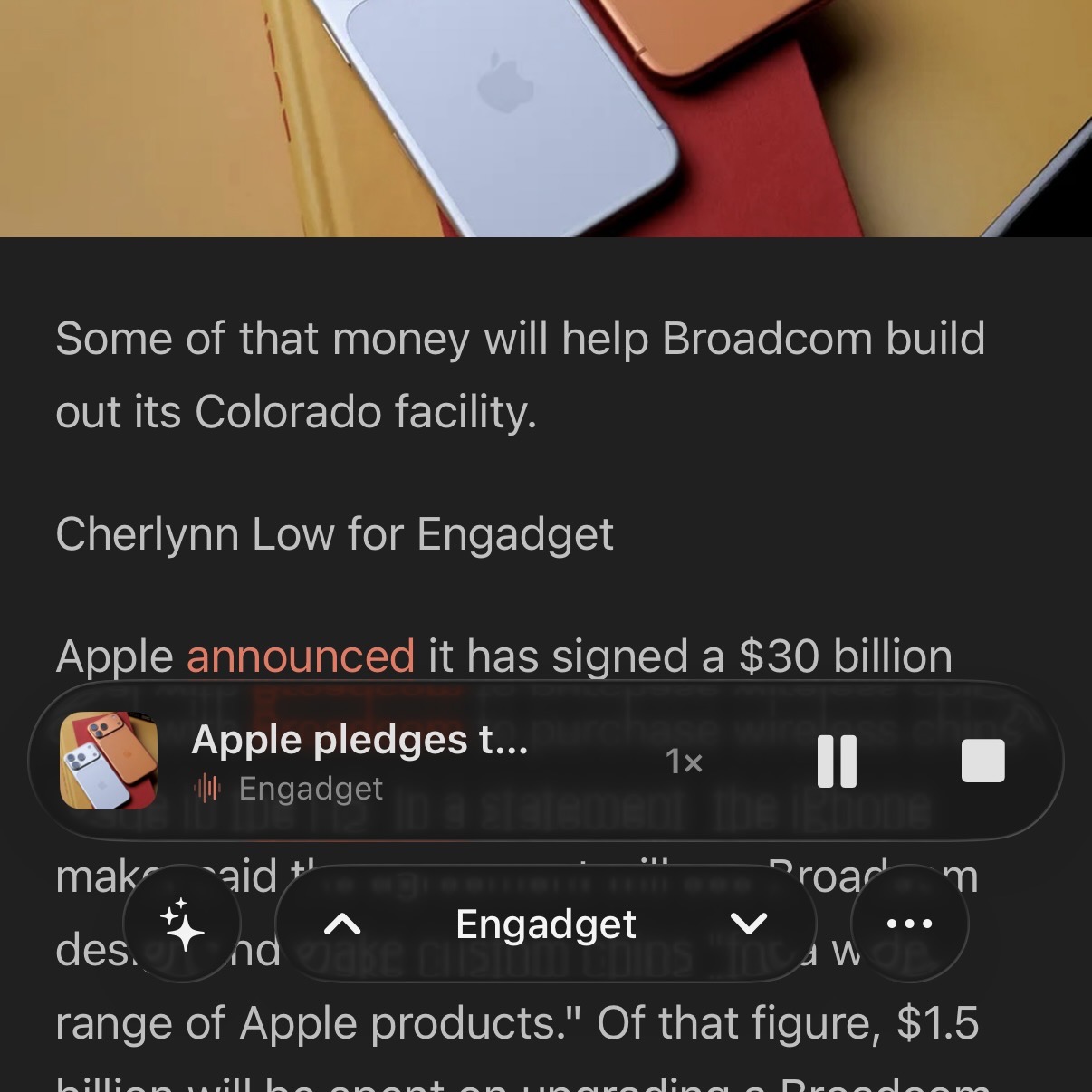Feedler reading an article aloud — floating mini-player with artwork, playback speed and transport controls