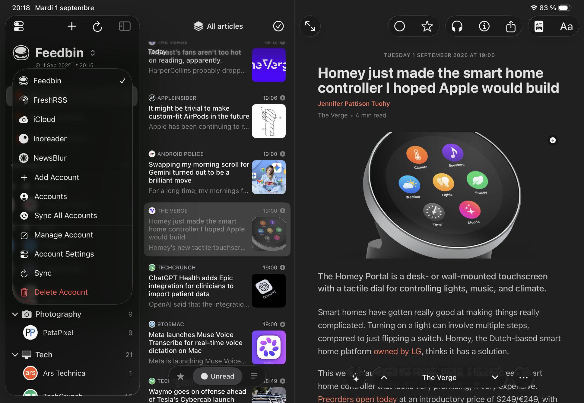The accounts hub on iPad, Local RSS, iCloud and sync services side by side