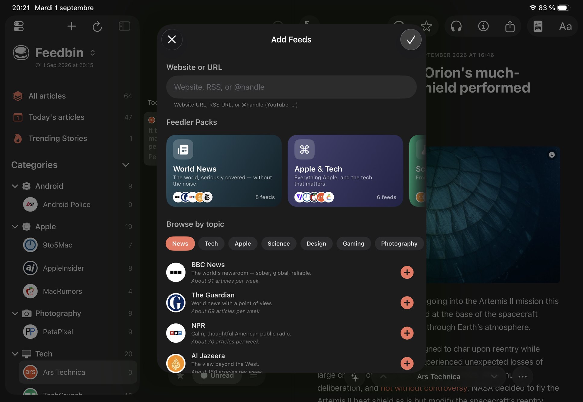 Feeds Discover on iPad, curated feeds by topic
