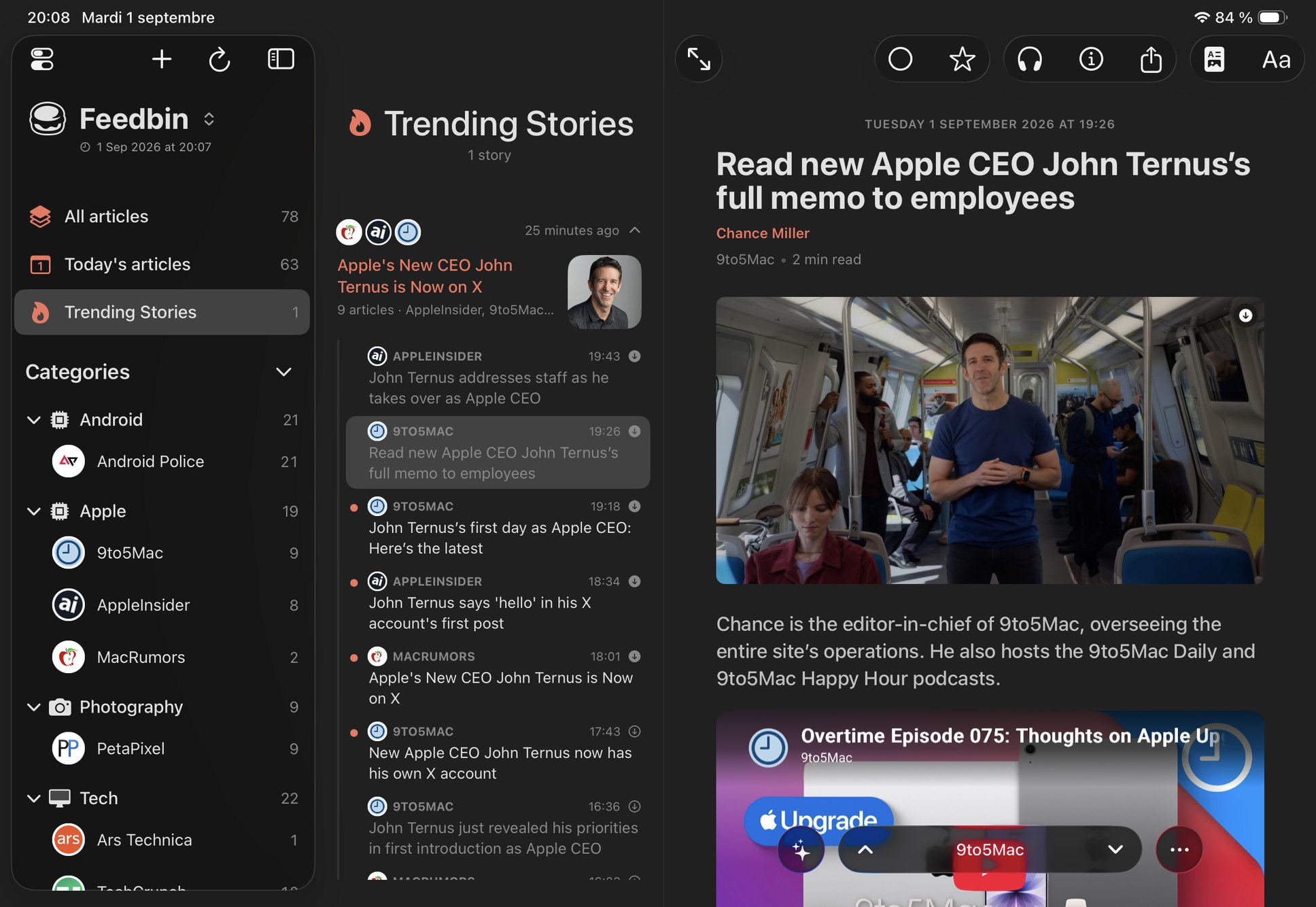 Trending Stories on iPad, stories with their sources and an AI summary