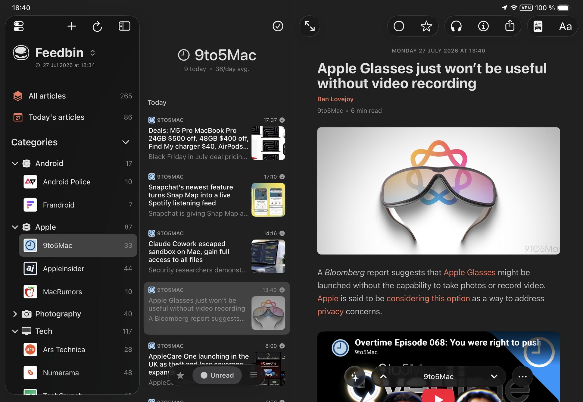 Feedler on iPad in landscape, three columns
